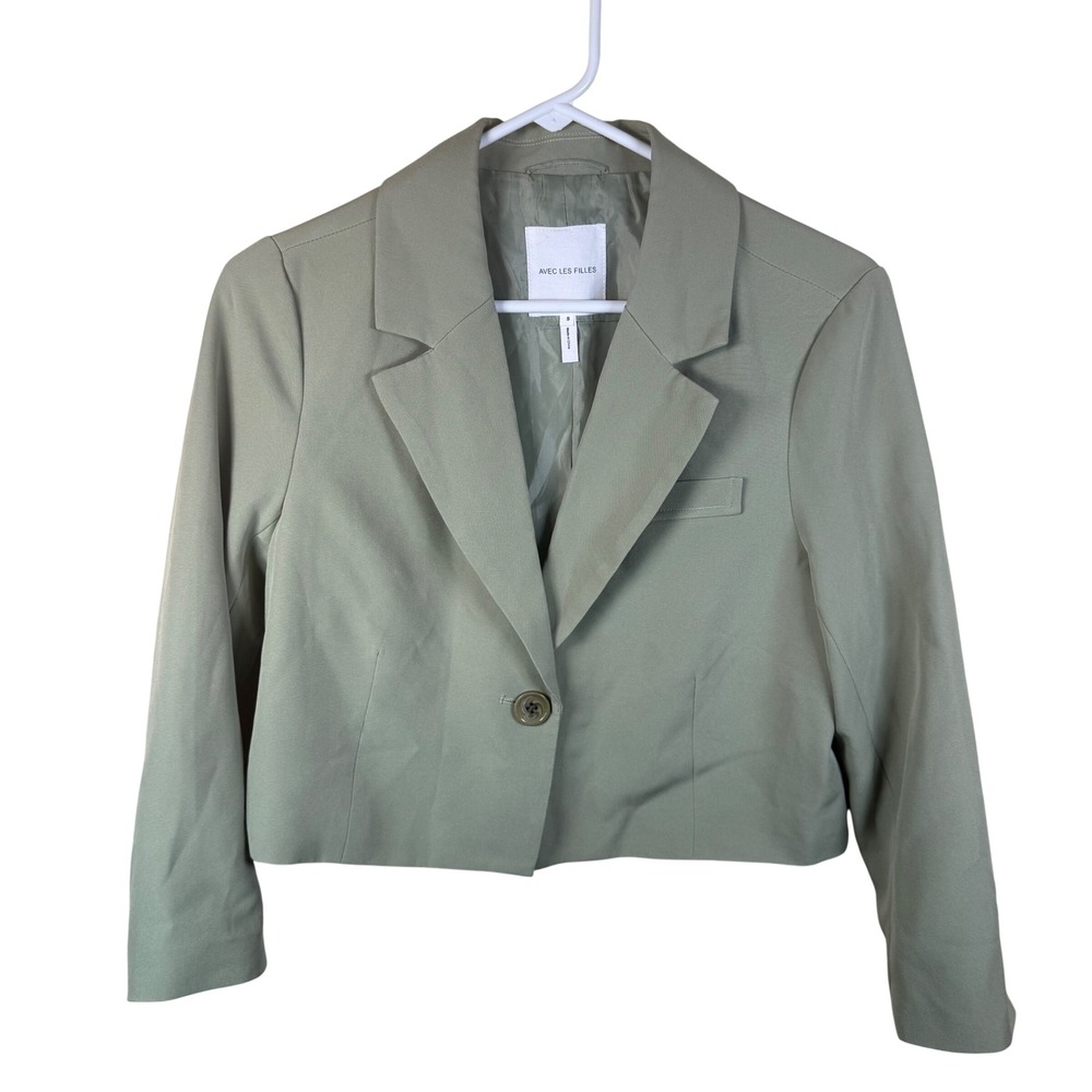 Avec Les Filles Cropped Blazer Womens Small Sage Green Notched Lapel Office Chic